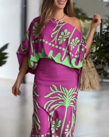 2 Pieces Outfit Tropical Print Lantern Sleeve Cold Shoulder Loose Top and Casual High Waist Fishtail Maxi Skirt Set